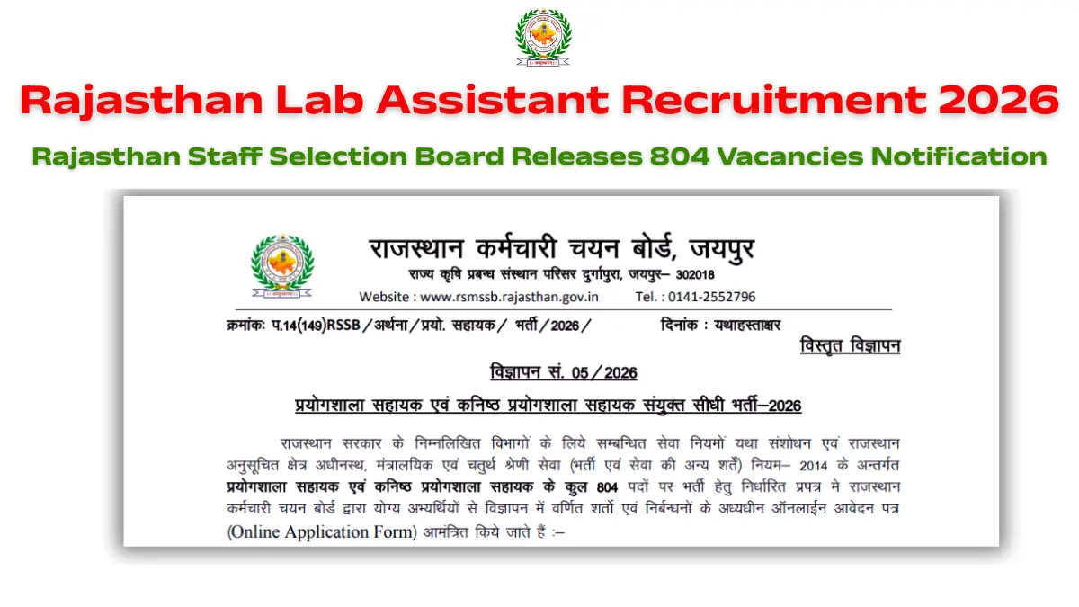 Rajasthan Lab Assistant Recruitment 2026: Rajasthan Staff Selection Board Releases 804 Vacancies Notification